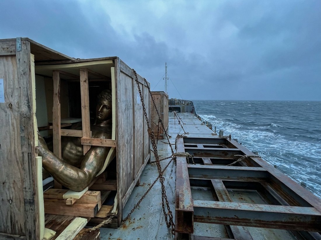 Crated bronze statue sections lashed to a cargo ship deck at sea