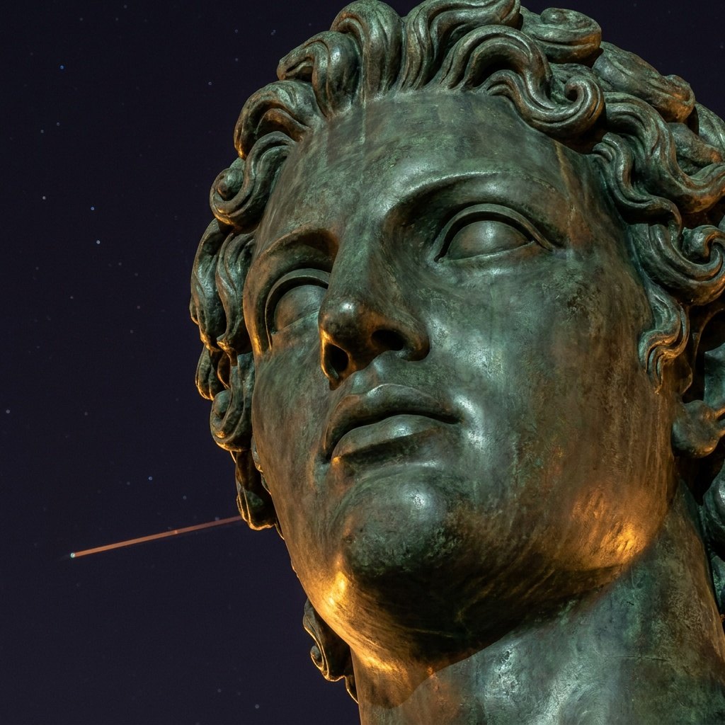Close-up of the bronze face of the Prometheus statue, chin raised toward the night sky