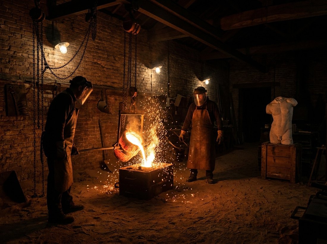 Molten bronze being poured in a French foundry at night