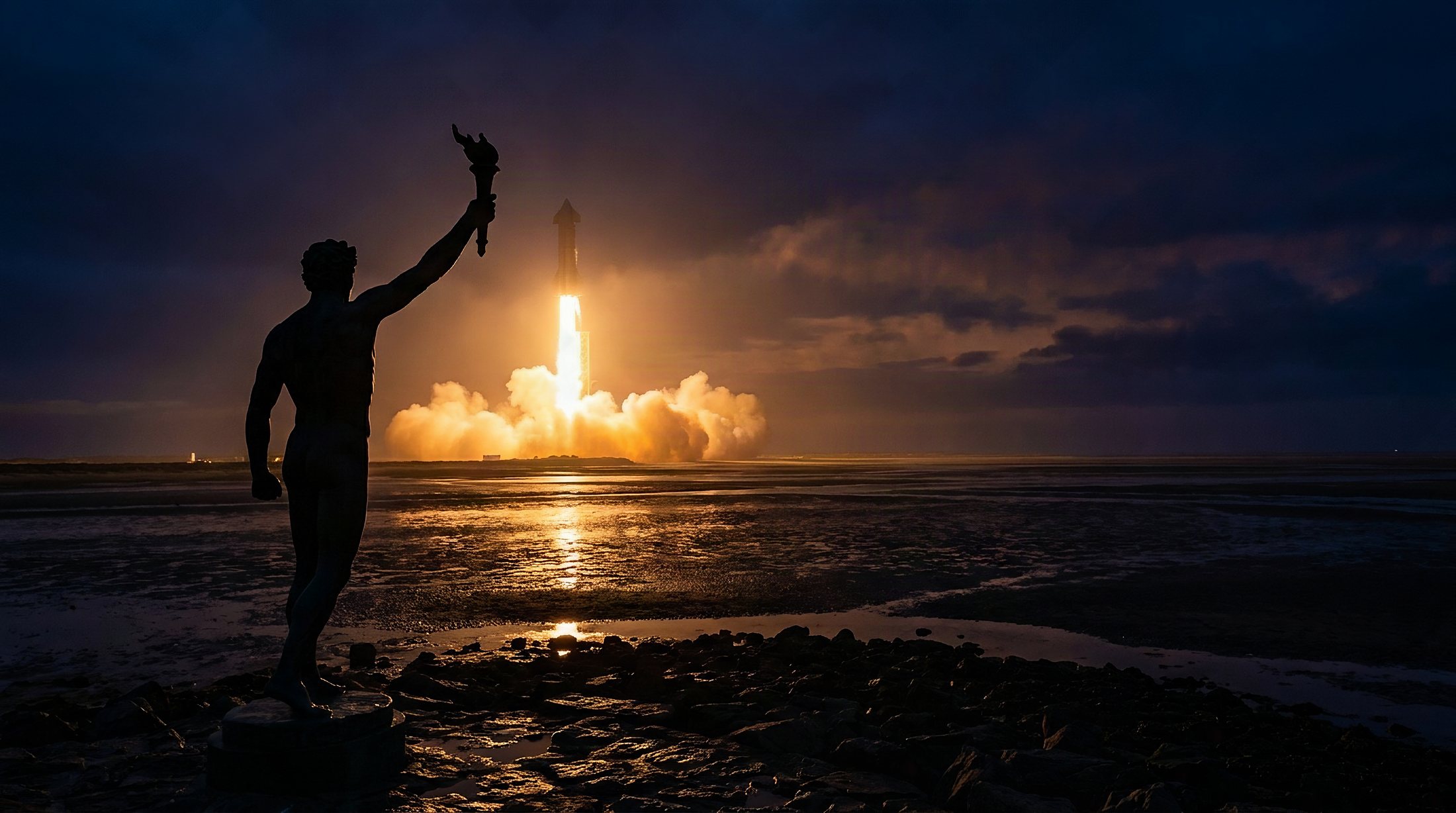 The bronze statue silhouetted in the foreground as a rocket lifts off in the distance