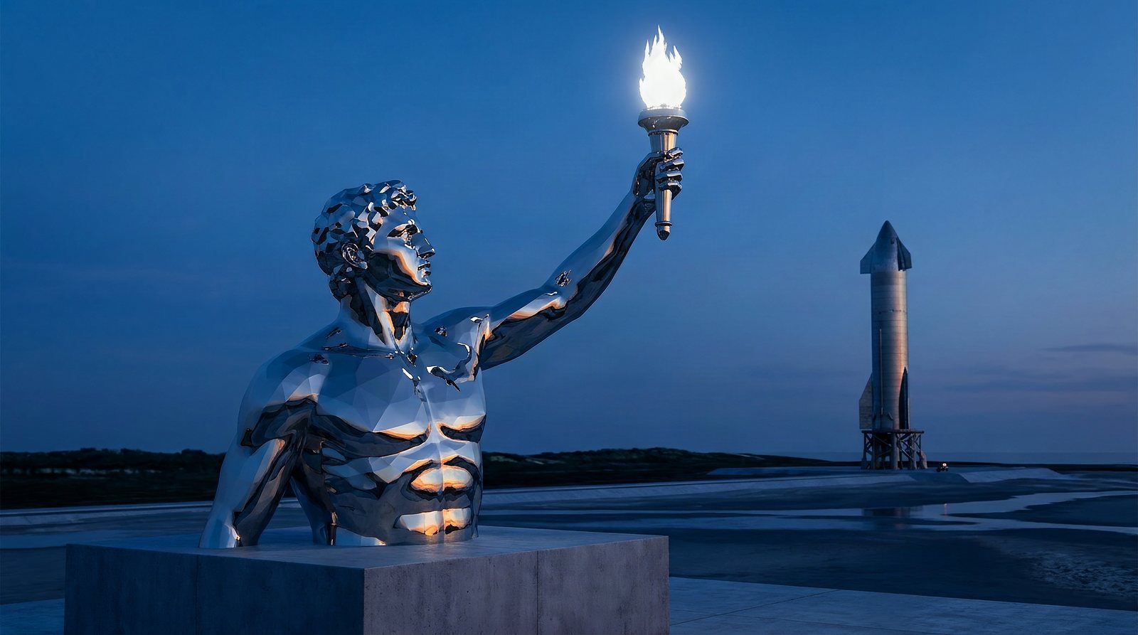 Artist's impression of a far larger mirror-polished titanium Prometheus at blue hour