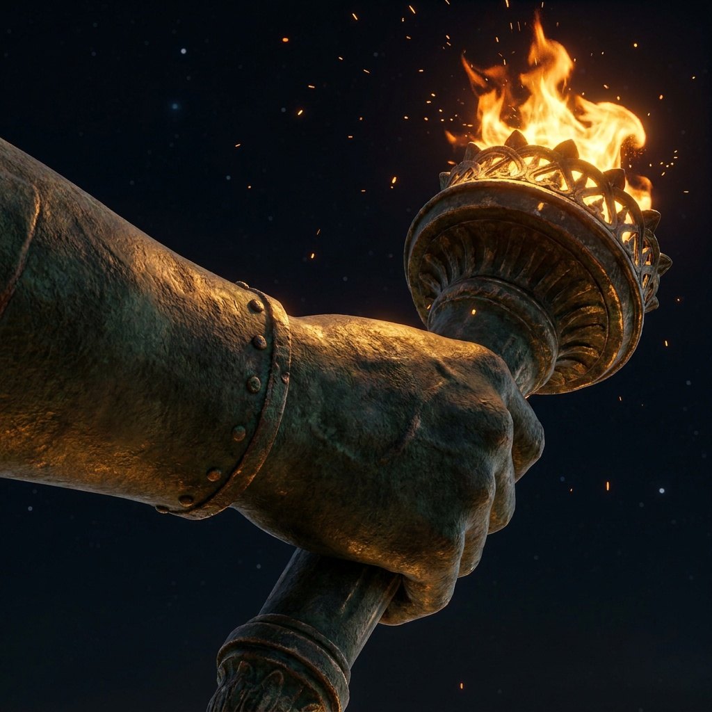 Close-up of the statue's bronze hand gripping a burning torch against a night sky